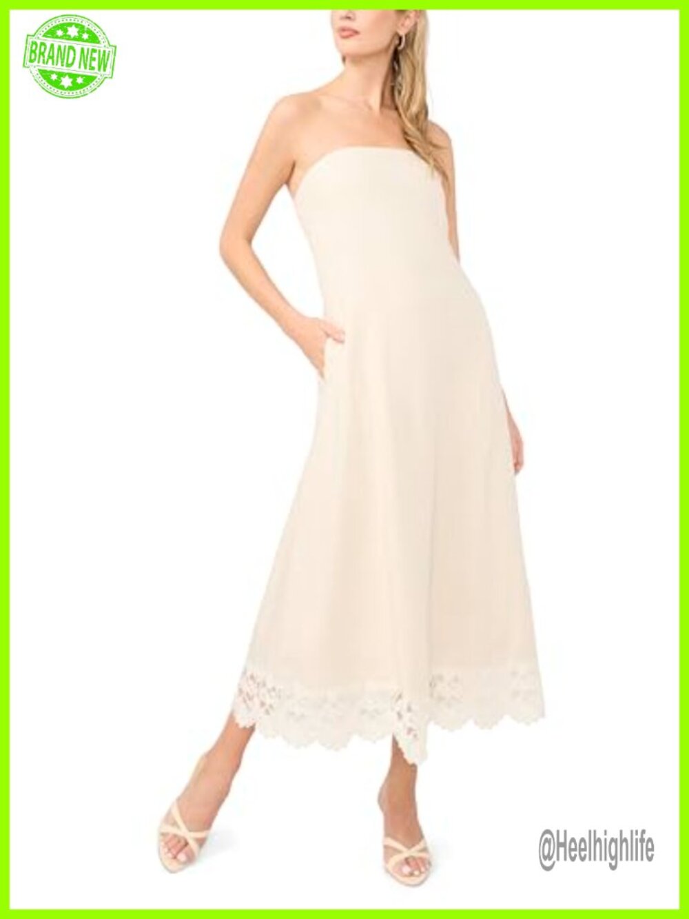 Strapless Linen Midi Dress Fit & Flare Square Neck Formal Wedding Guest